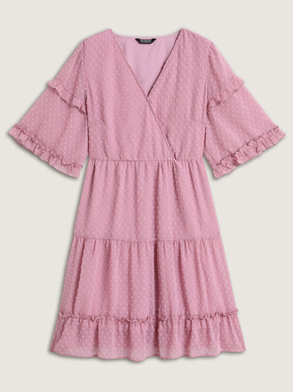 Textured Ruffled Trim Surplice Midi Dress