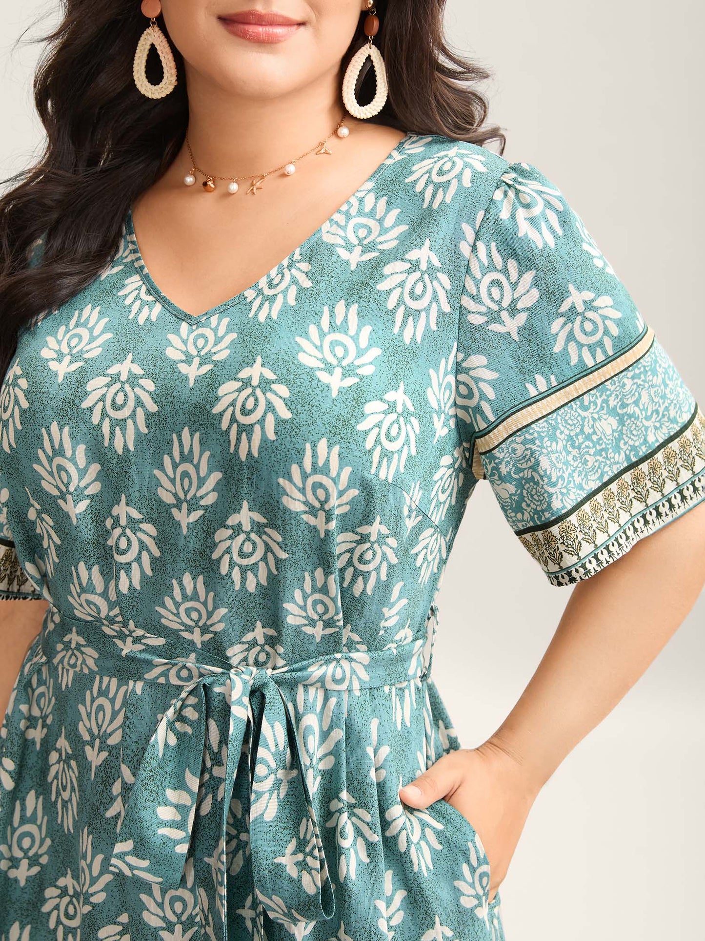 Rayon Boho Print Tied Midi Dress