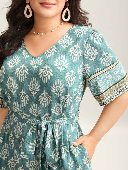 Rayon Boho Print Tied Midi Dress