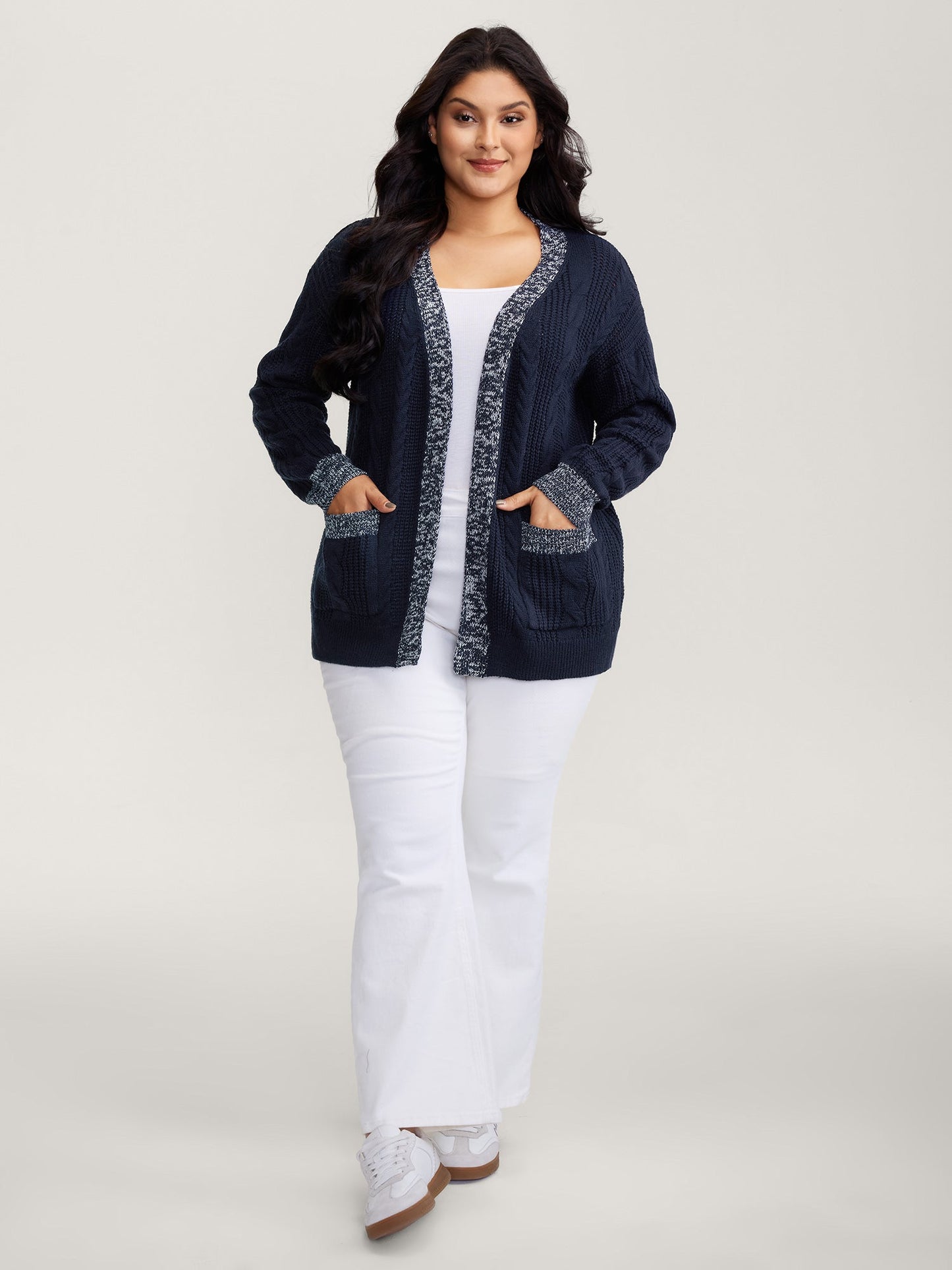Mixed-Yarn Color Contrast Pockets Knit Cardigan