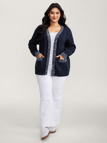 Mixed-Yarn Color Contrast Pockets Knit Cardigan