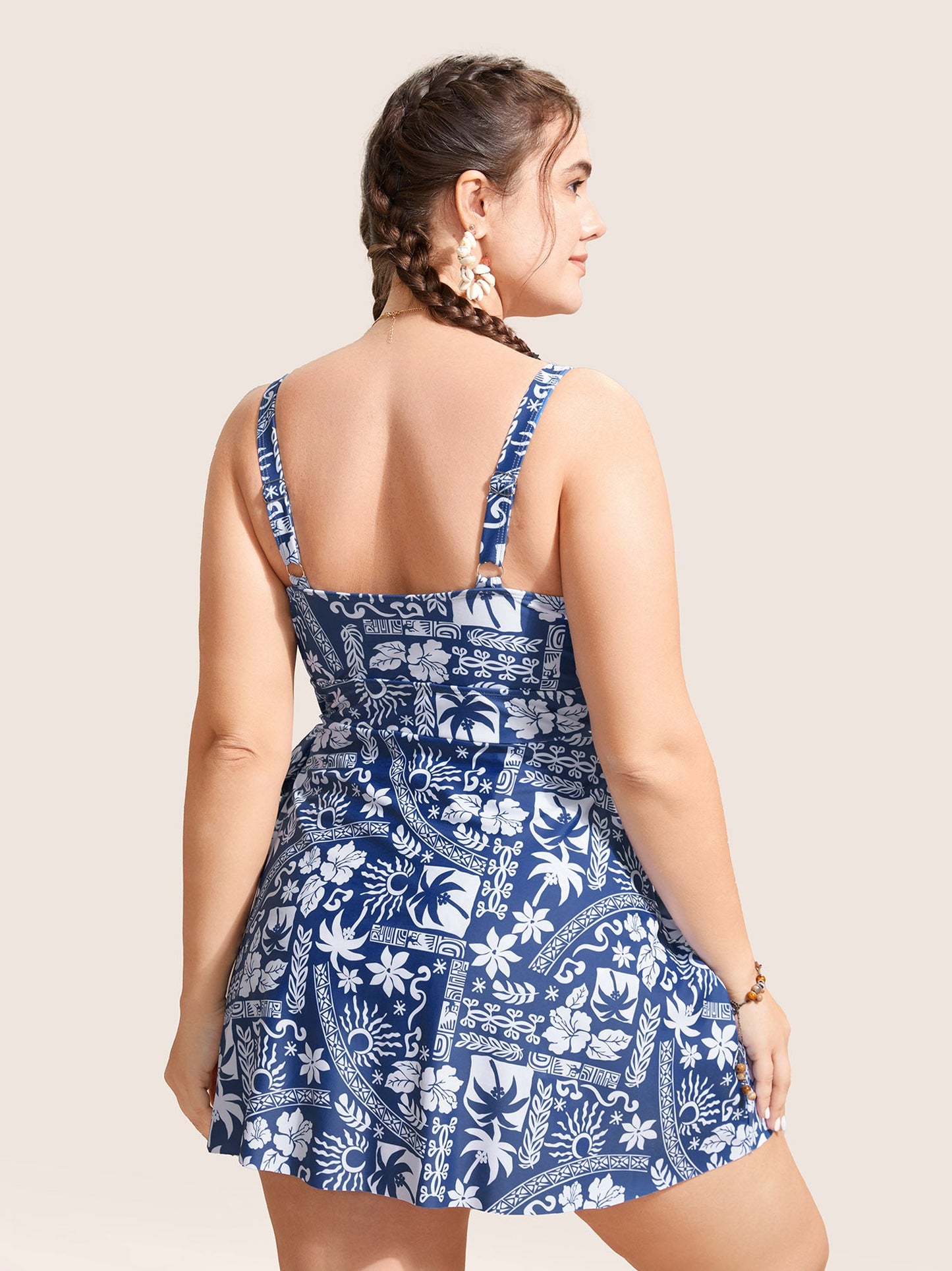 Tropical Print Gathered Tie Knot Swim Dress