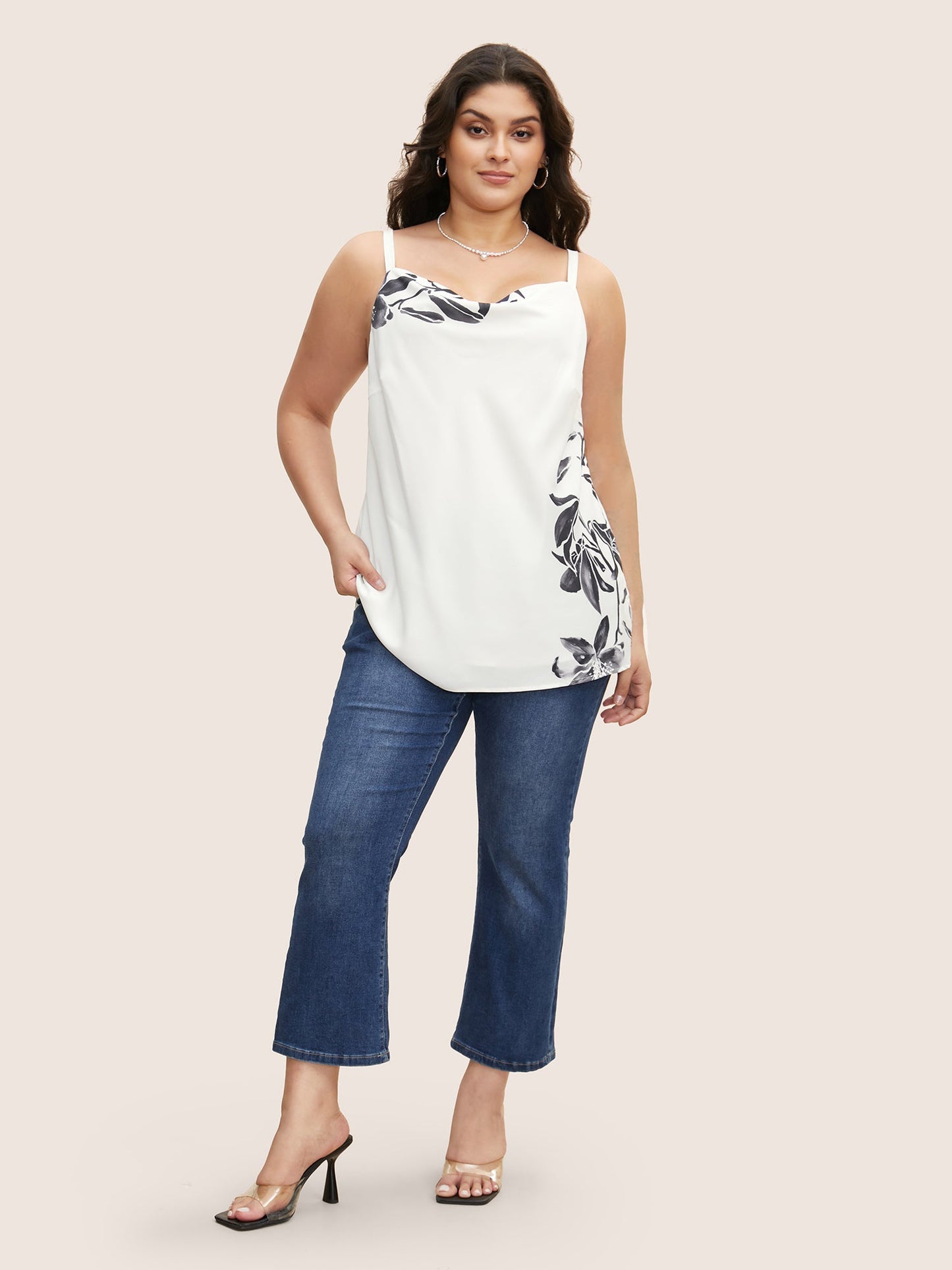 Cowl Neck Lily Print Split Hem Cami Top