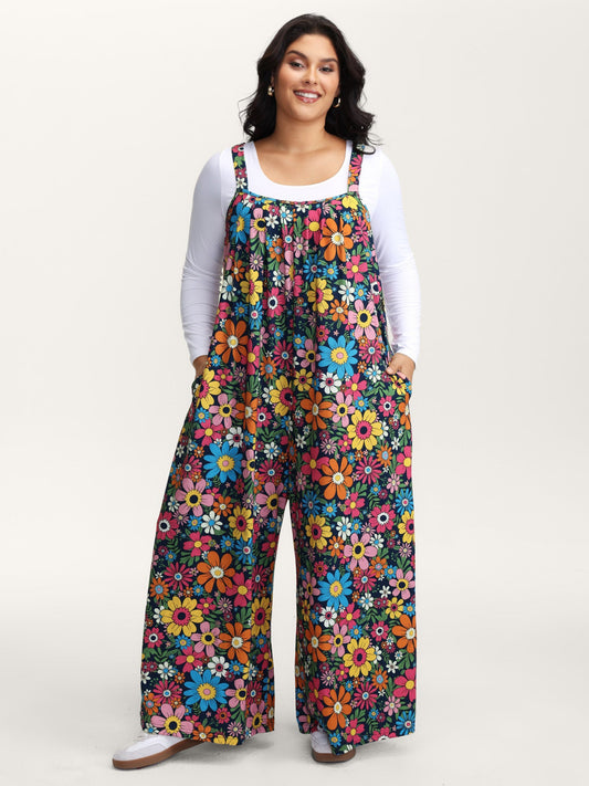 Colorful Floral Pockets Knit Loungewear Jumpsuit