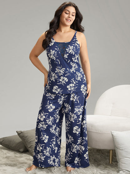 Silhouette Floral Print Lace Panel Cami Sleep Top