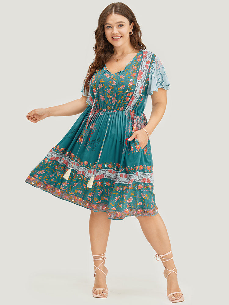 Bandana Print Ruffle Sleeve Pocket Tie Neck Tassels Dress