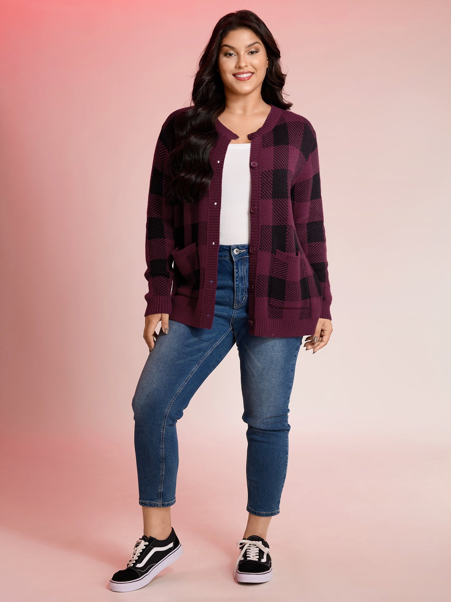Checkered Jacquard Buttons Pockets Knit Cardigan