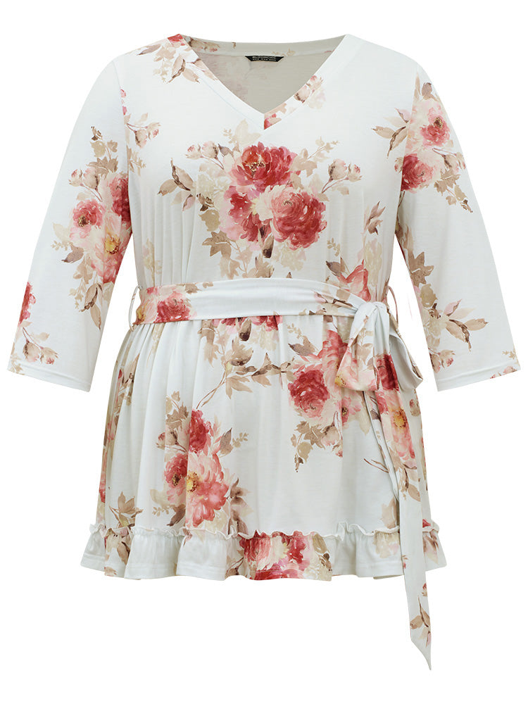 Floral Print Belted Frill Trim T-shirt