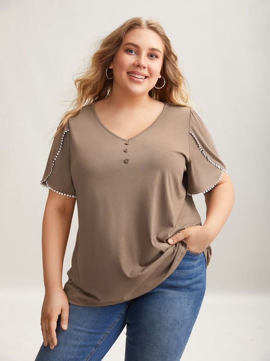 Petal Sleeve Lace Button Solid T-Shirt