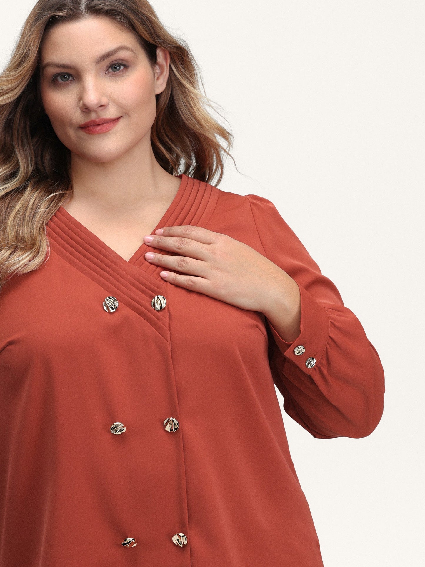 Pleated Neckline Metallic Buttons Blouse