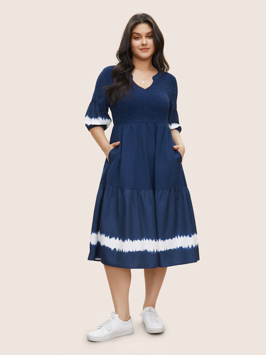 Tie Dye Shirred Pocket Notched Dress