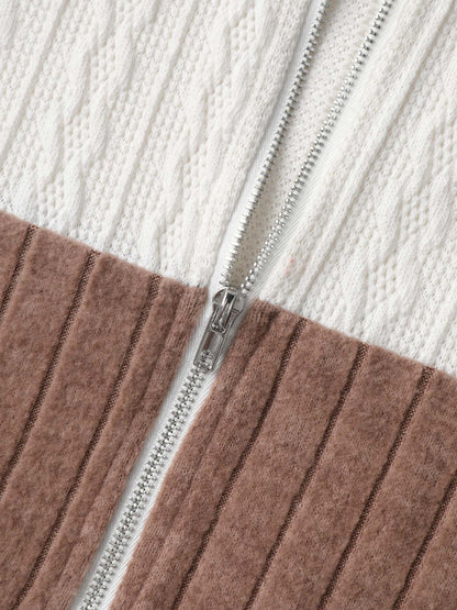 Textured Color Contrast Zipper Hoodie