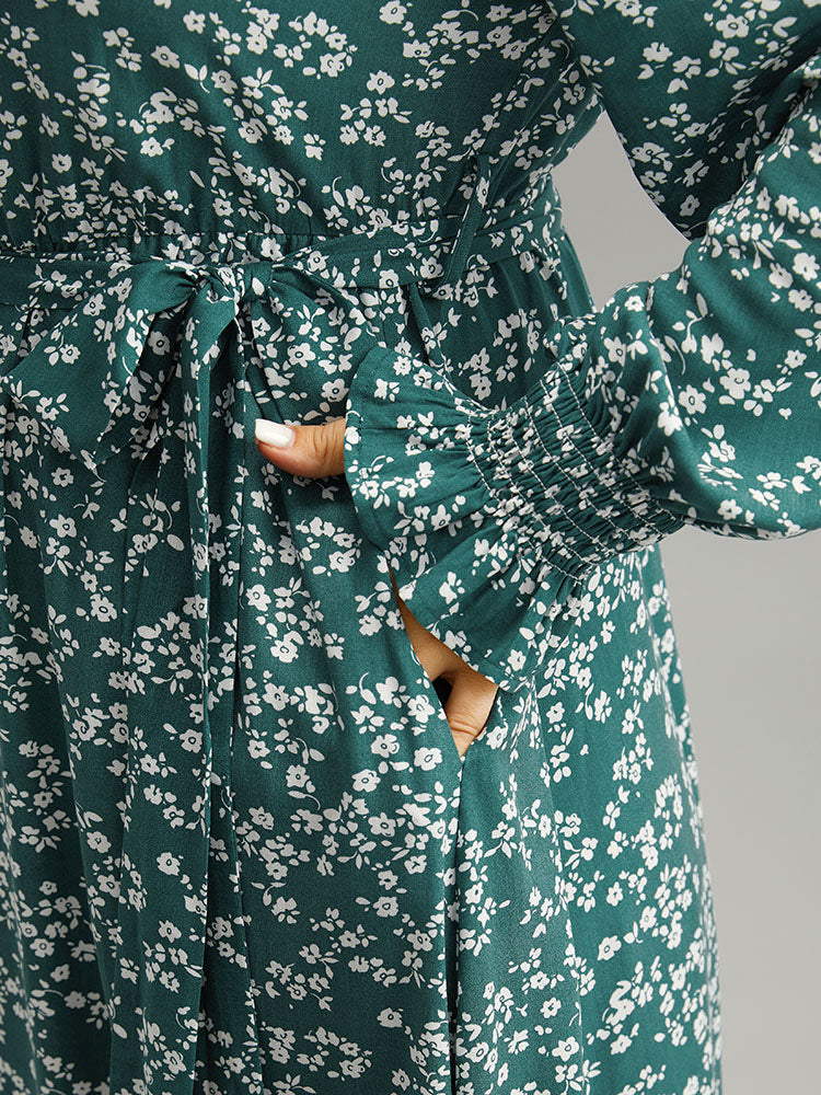Ditsy Floral Shirred Belted Notched Dress