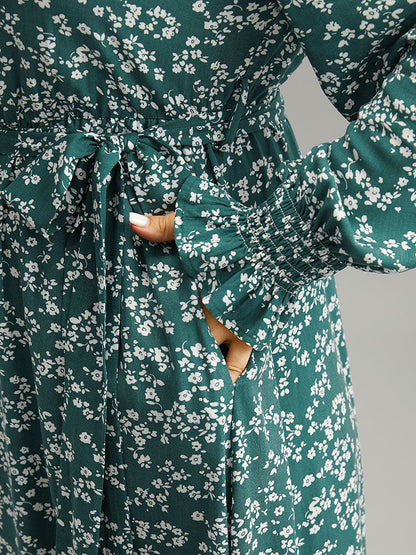 Ditsy Floral Shirred Belted Notched Dress