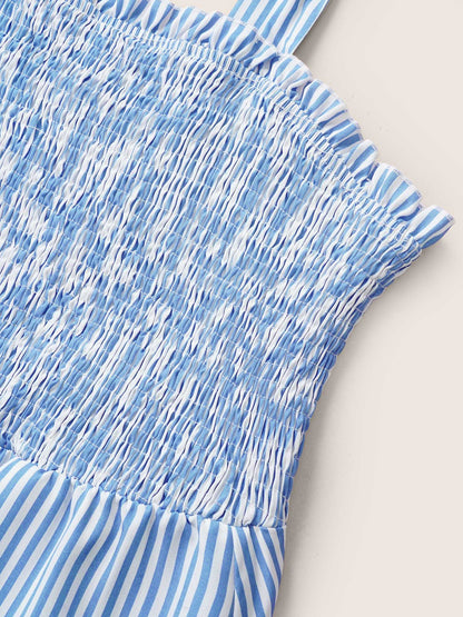 Contrast Striped Patchwork Shirred Ties Dress