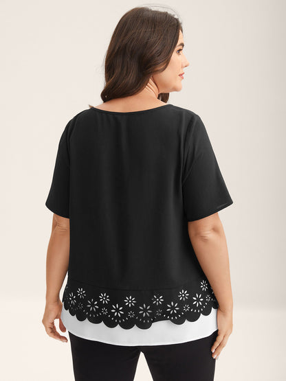 Laser Cut Patchwork Round Neck Blouse
