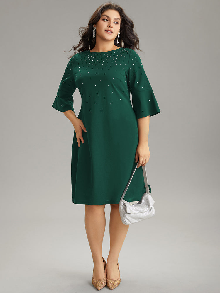 Rhinestone Curved Hem Bell Sleeve Dress