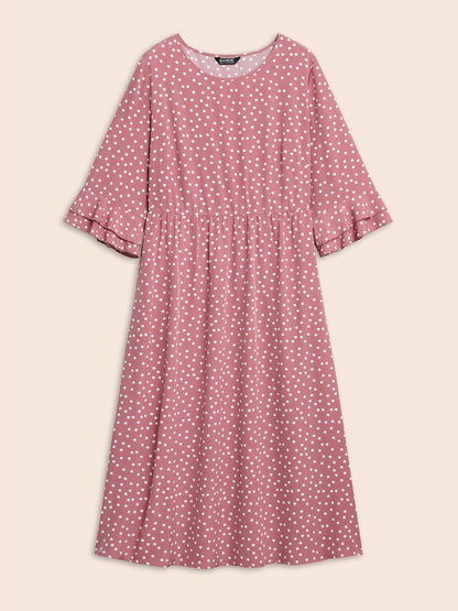 Polka Dot Print Tiered Ruffles Sleeve Midi Dress