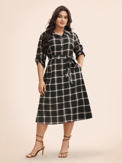 Plaid Shirt Collar Belted Tab Sleeve Dress