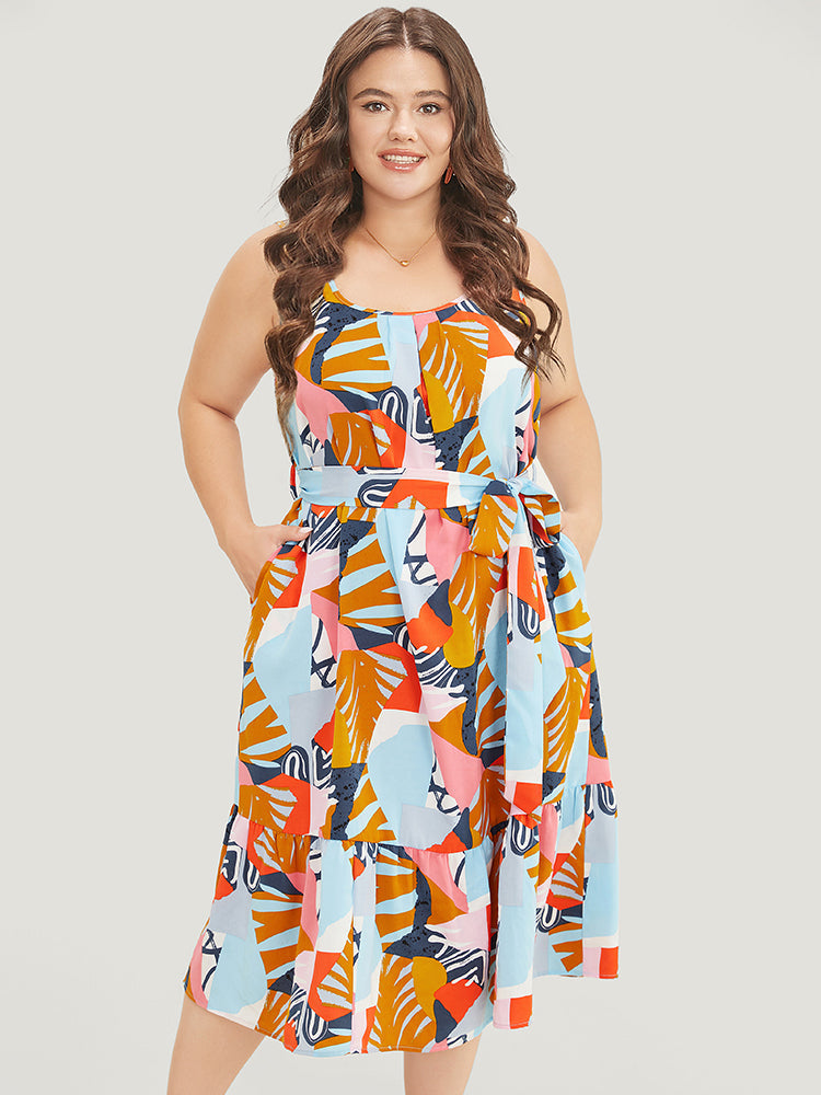 Graphic Print Ruffles Hem Pocket Belt Pleated Tank Dress