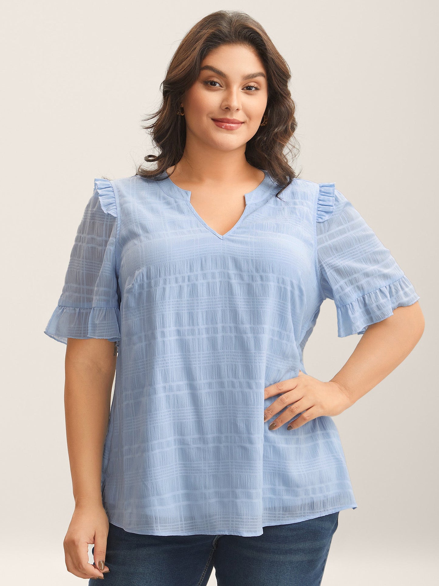 Checked Texture Jacquard Notched Collar Blouse