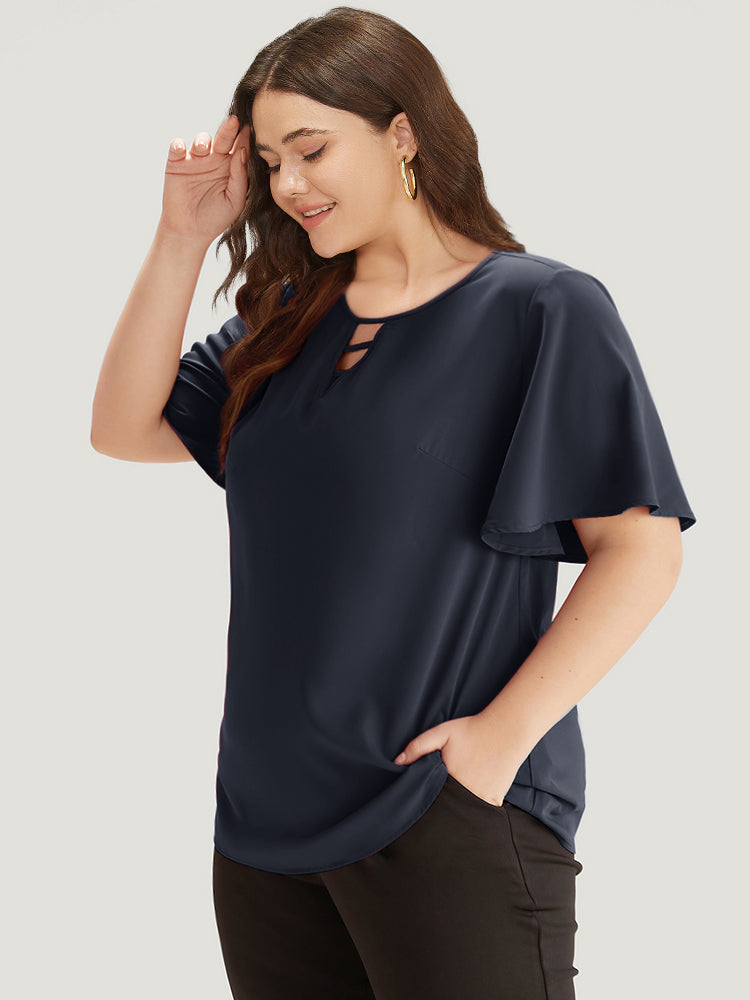 Plain Ruffle Sleeve Cut Out Blouse