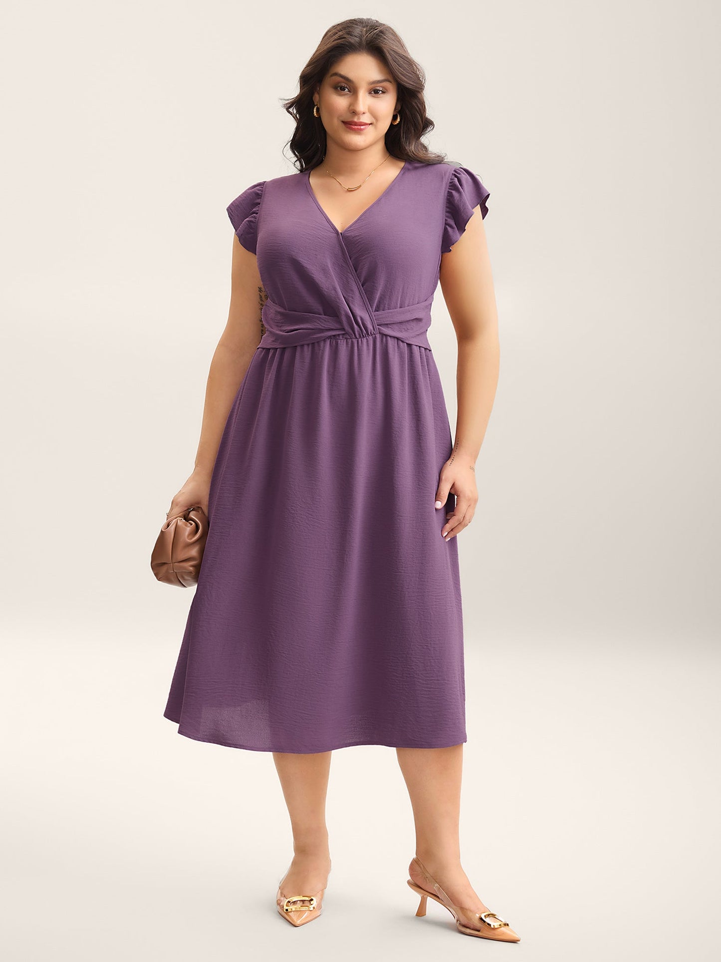Solid Surplice Neck Pockets Midi Dress