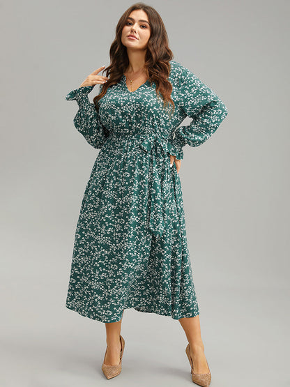 Ditsy Floral Shirred Belted Notched Dress