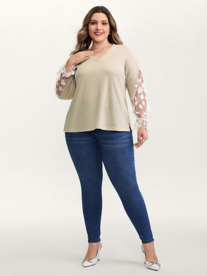 Floral Sheer Textured Sleeve V-Neck Sweatshirt
