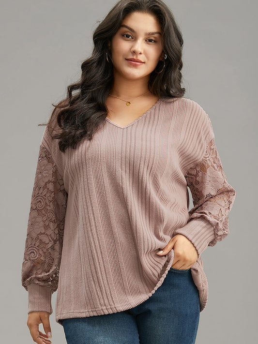 Lace Panel V Neck Lantern Sleeve Sweatshirt