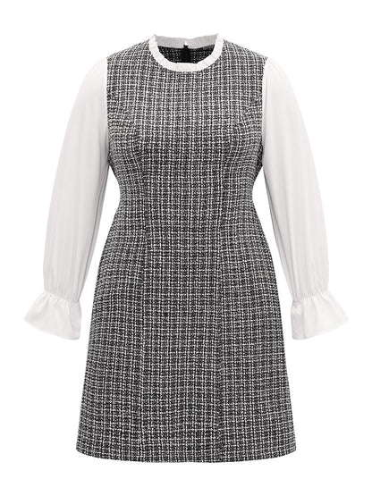 Plaid Patchwork Ruffle Trim Knee Dress