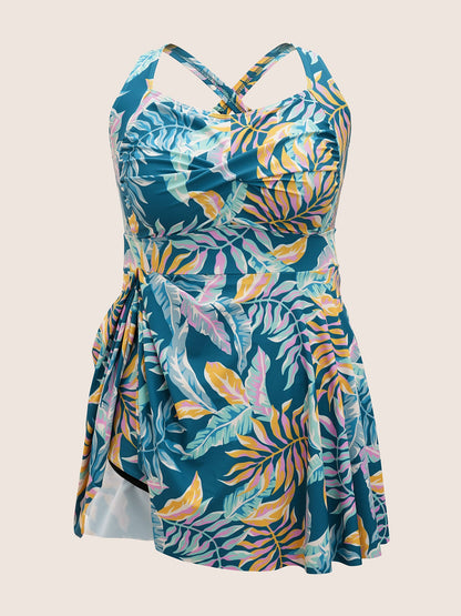 Heart Neckline Tropical Print Twist Front Swim Dress