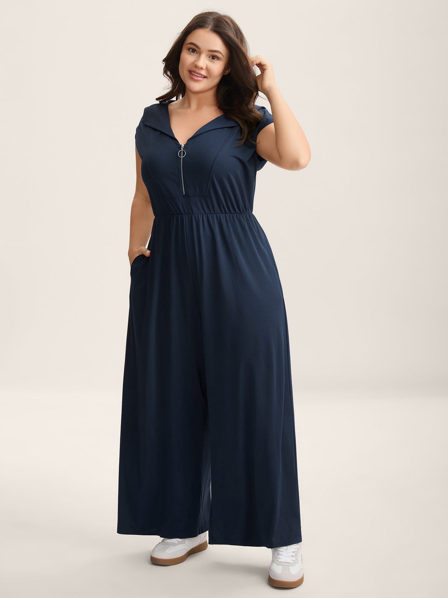 Zipper Front Pockets Collar Jumpsuit