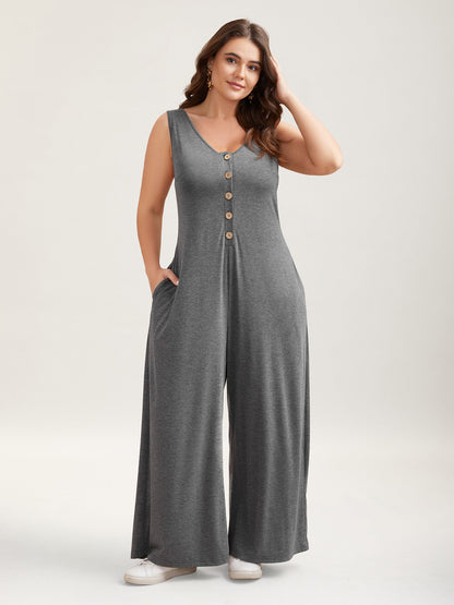 Button-Front Lightweight Wide-Leg Jumpsuit