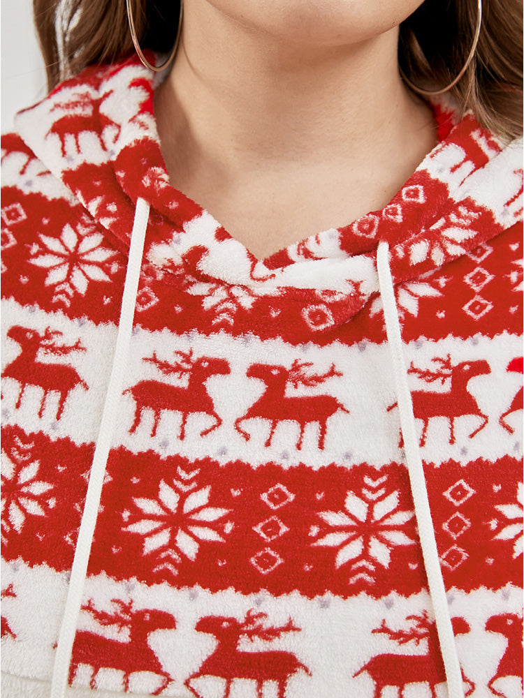 Elk & Snowflake Print Pocket Drawstring Hooded Sweatshirt