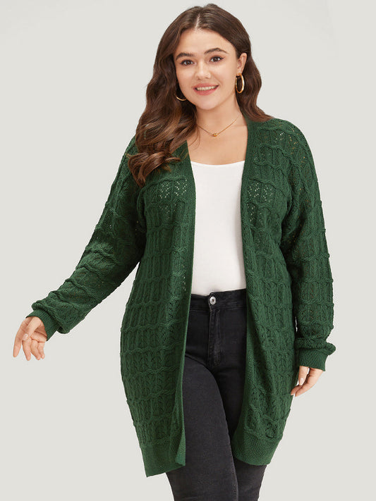 Plain Geometric Eyelet Cable Knit Tunic Cardigan