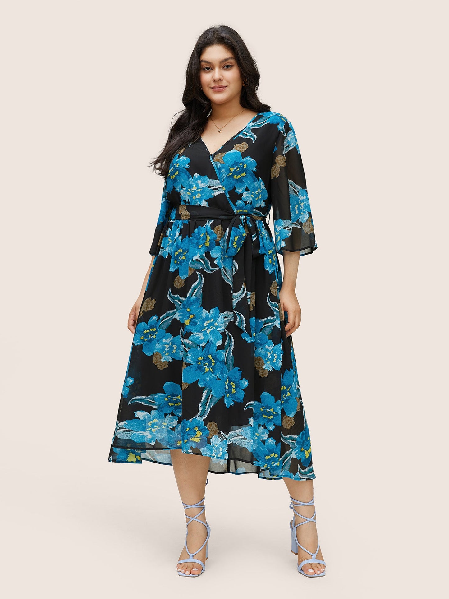 Floral Print Surplice Neck Belted Mesh Dress