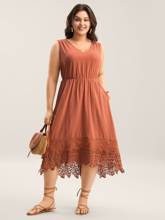 Cotton Lace Trim High Low Hem Midi Dress