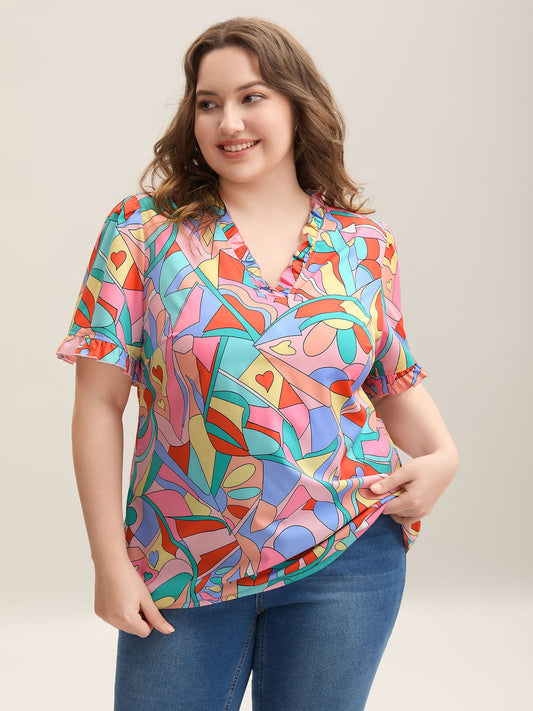 Abstract Pattern Petal Trim V-Neck Blouse