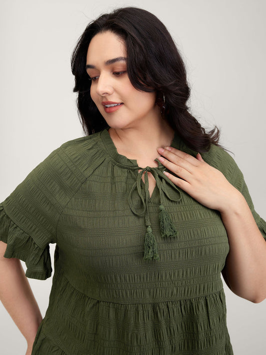 Notched Neck-Tie Crinkle Tiered Blouse