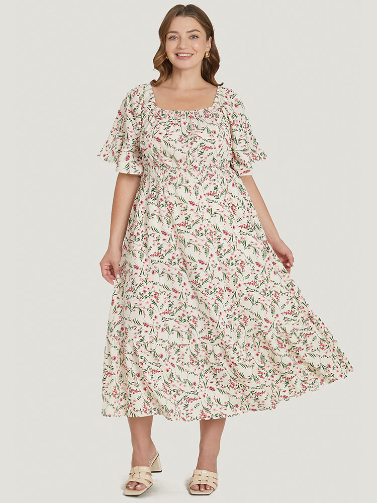 Ditsy Floral Pocket Square Neck Shirred Ruffles Dress