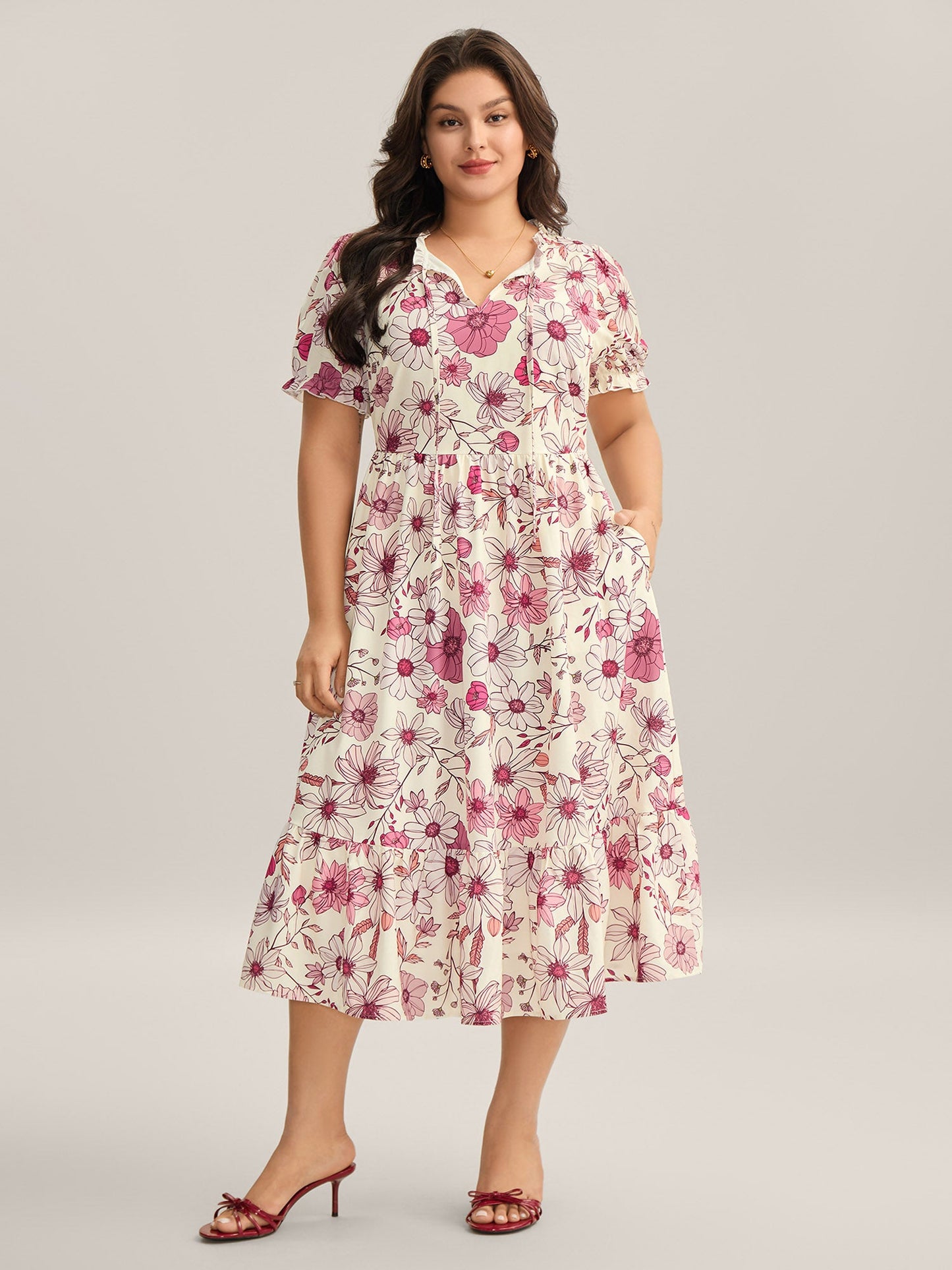 Floral Print Neck Tie Tiered Maxi Dress