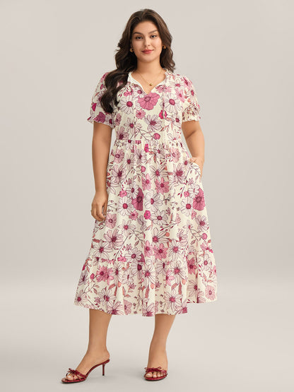 Floral Print Neck Tie Tiered Maxi Dress