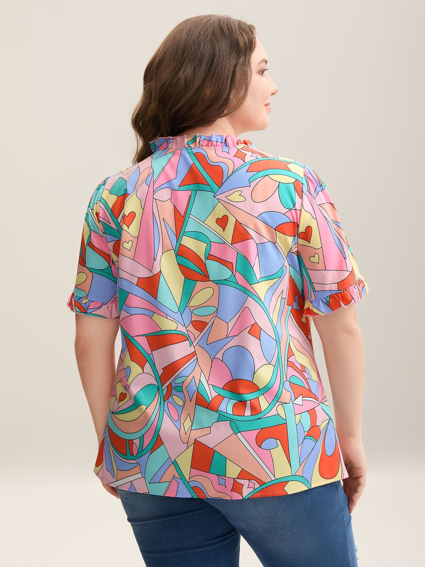 Abstract Pattern Petal Trim V-Neck Blouse