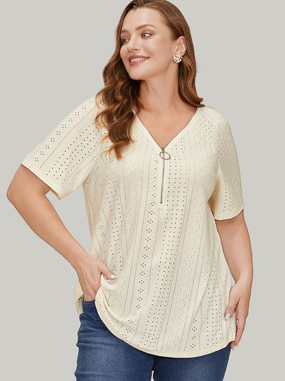 Solid Half Zipper Broderie Anglaise T-shirt