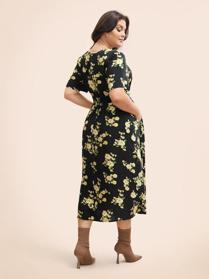 Floral Gathered Shirred Flutter Sleeve Dress