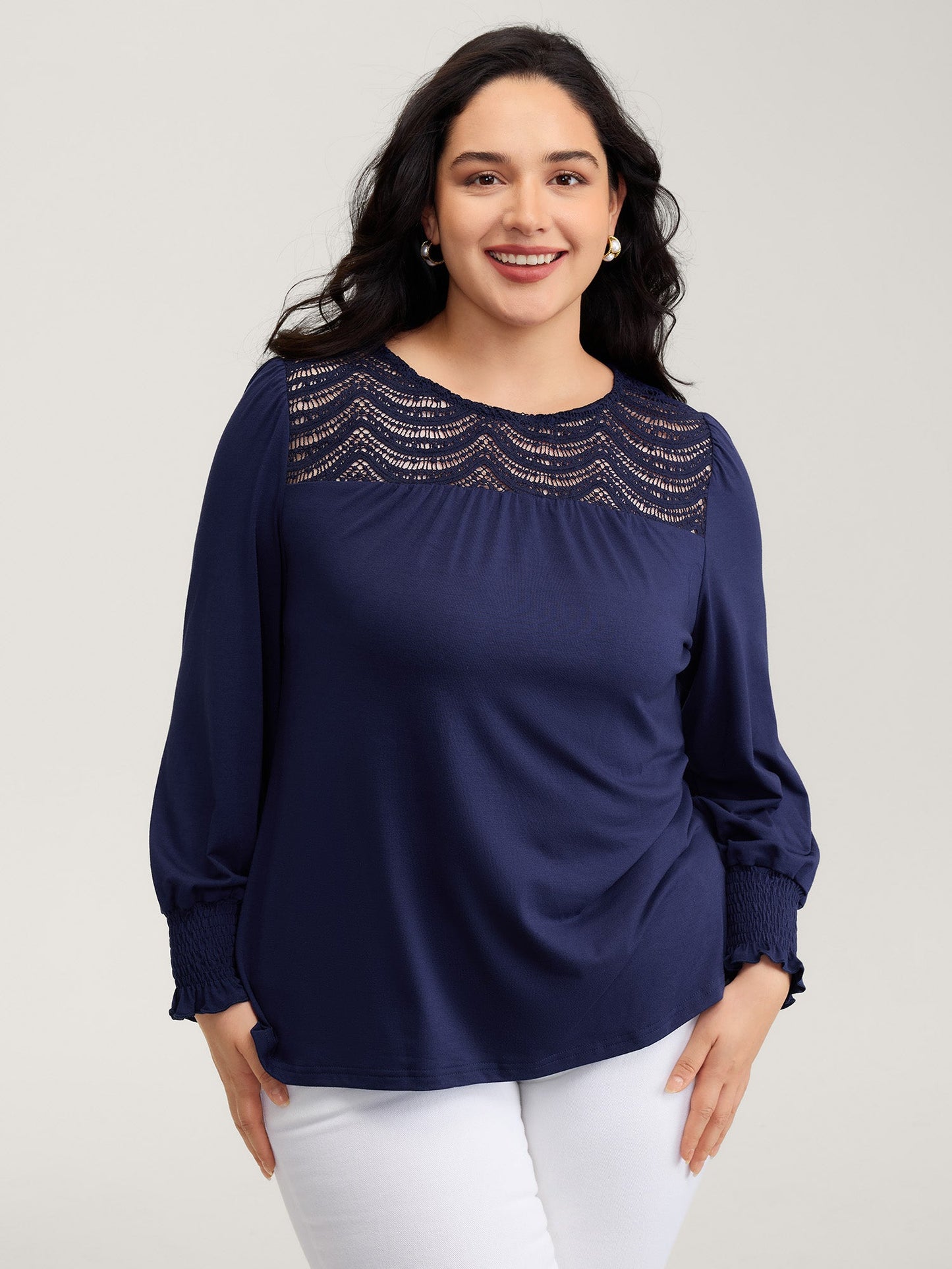 Lace Sheer Neckline Balloon Sleeve Knit Top
