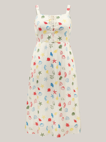 Ocean Print Adjustable Straps Pockets Midi Dress