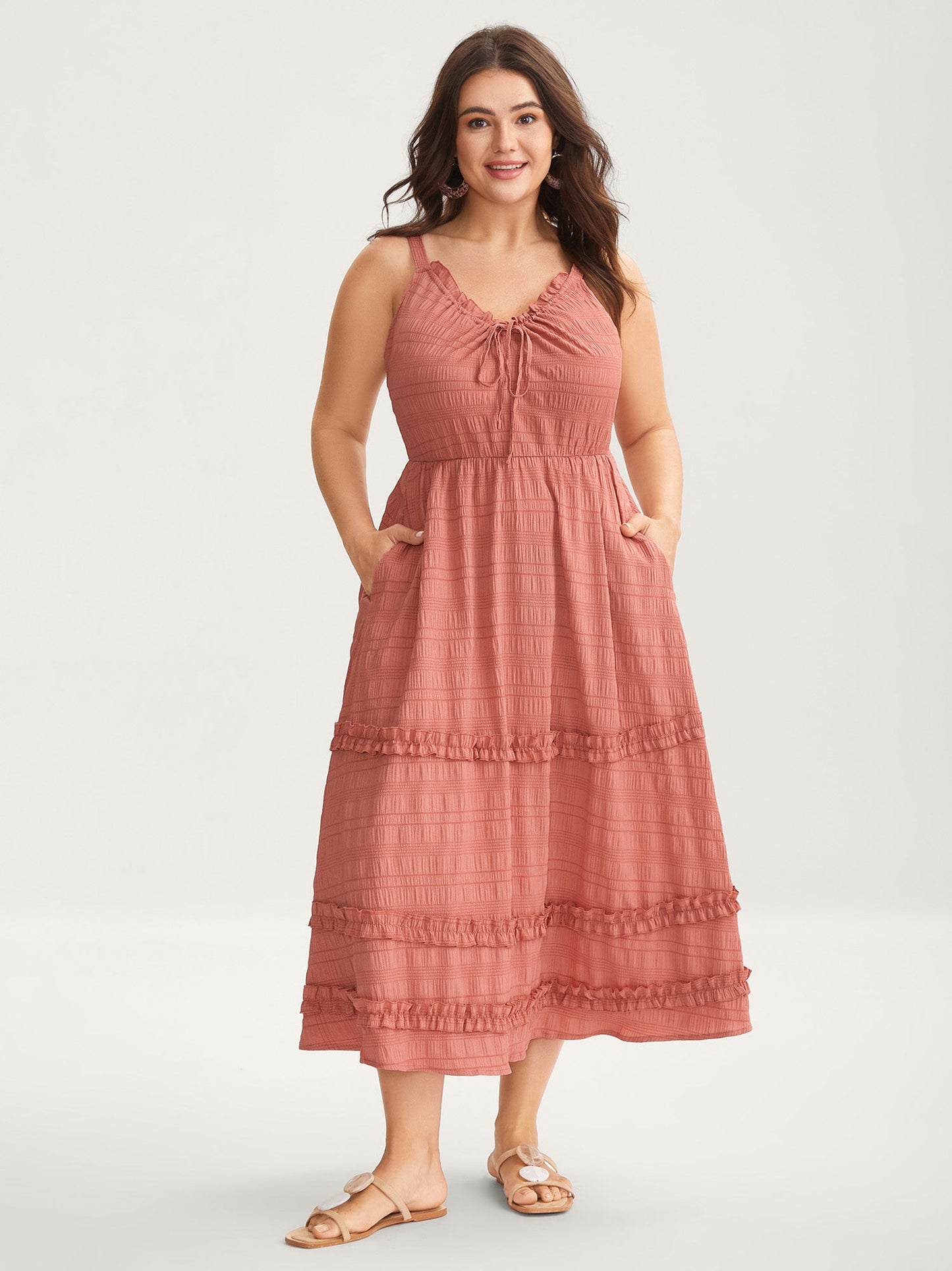 Textured Neck-Tie Layered Pockets Midi Dress