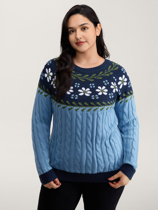 Cable Knit Jacquard Floral Contrast Pullover